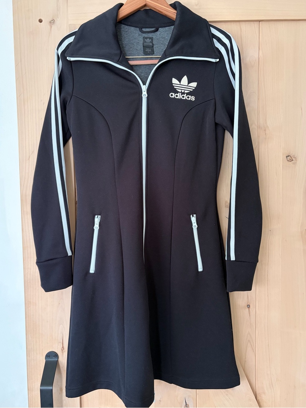 Vintage adidas Women's Black Track Jacket Dress with White Stripes. - Picture 2 of 5